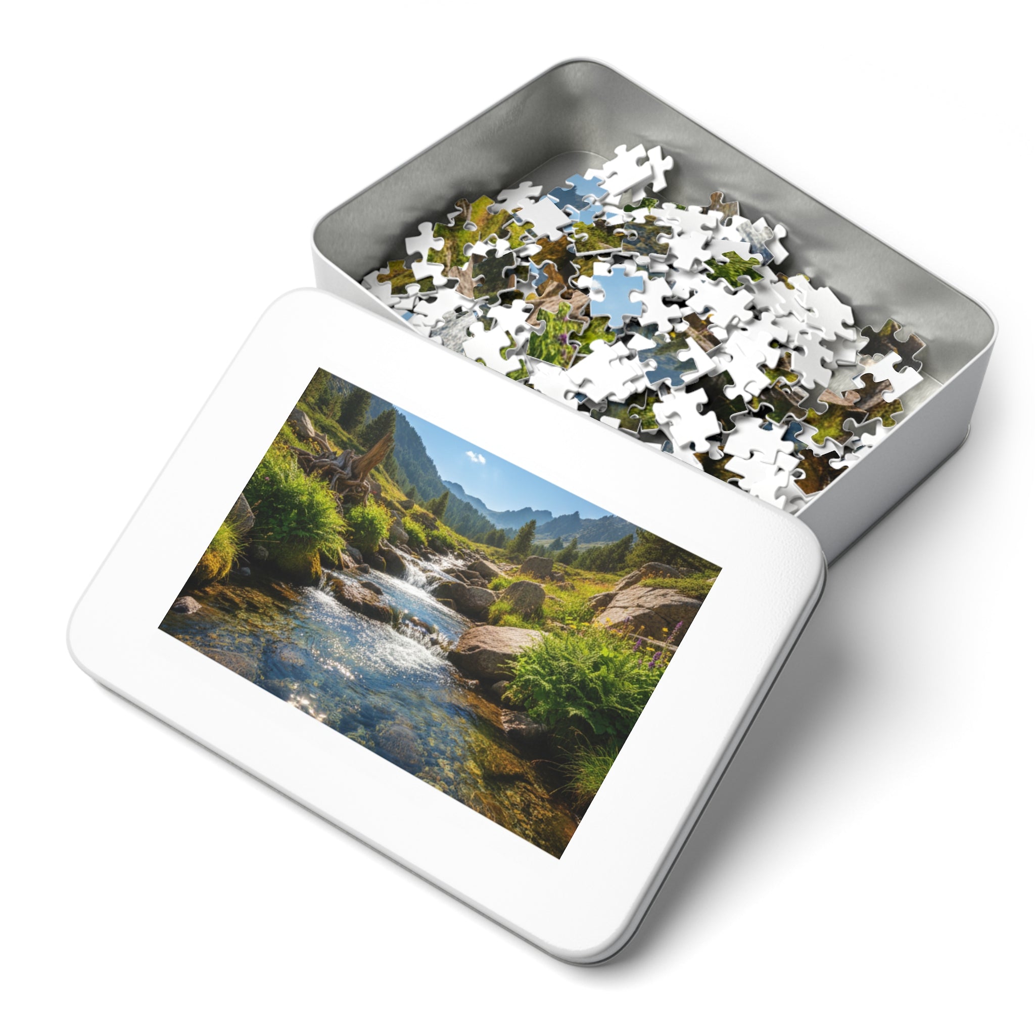 Mountain Stream Jigsaw Puzzle with Tin — Scenic Nature Puzzle for Adults & Kids