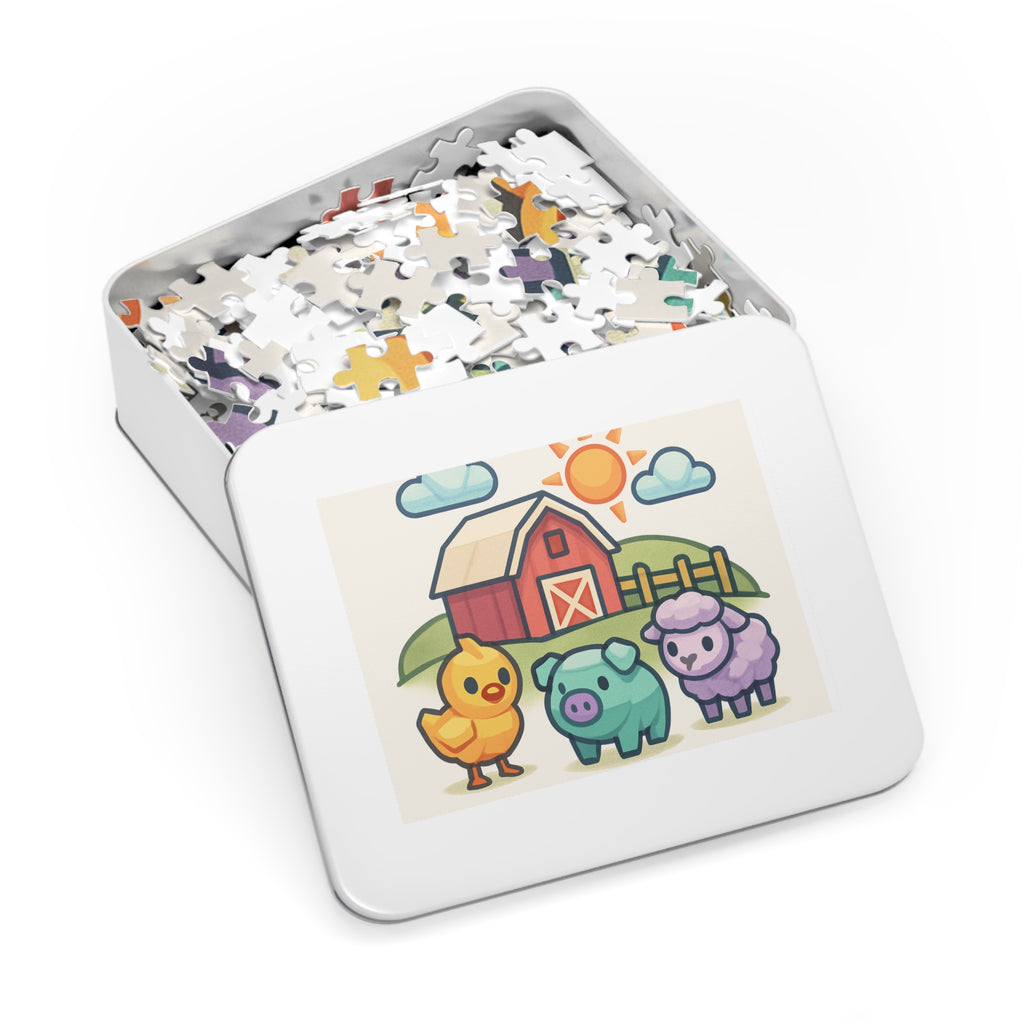 Farm Friends 200-Piece Kids Jigsaw Puzzle with Tin — Cute Barn, Chick, Pig & Lamb