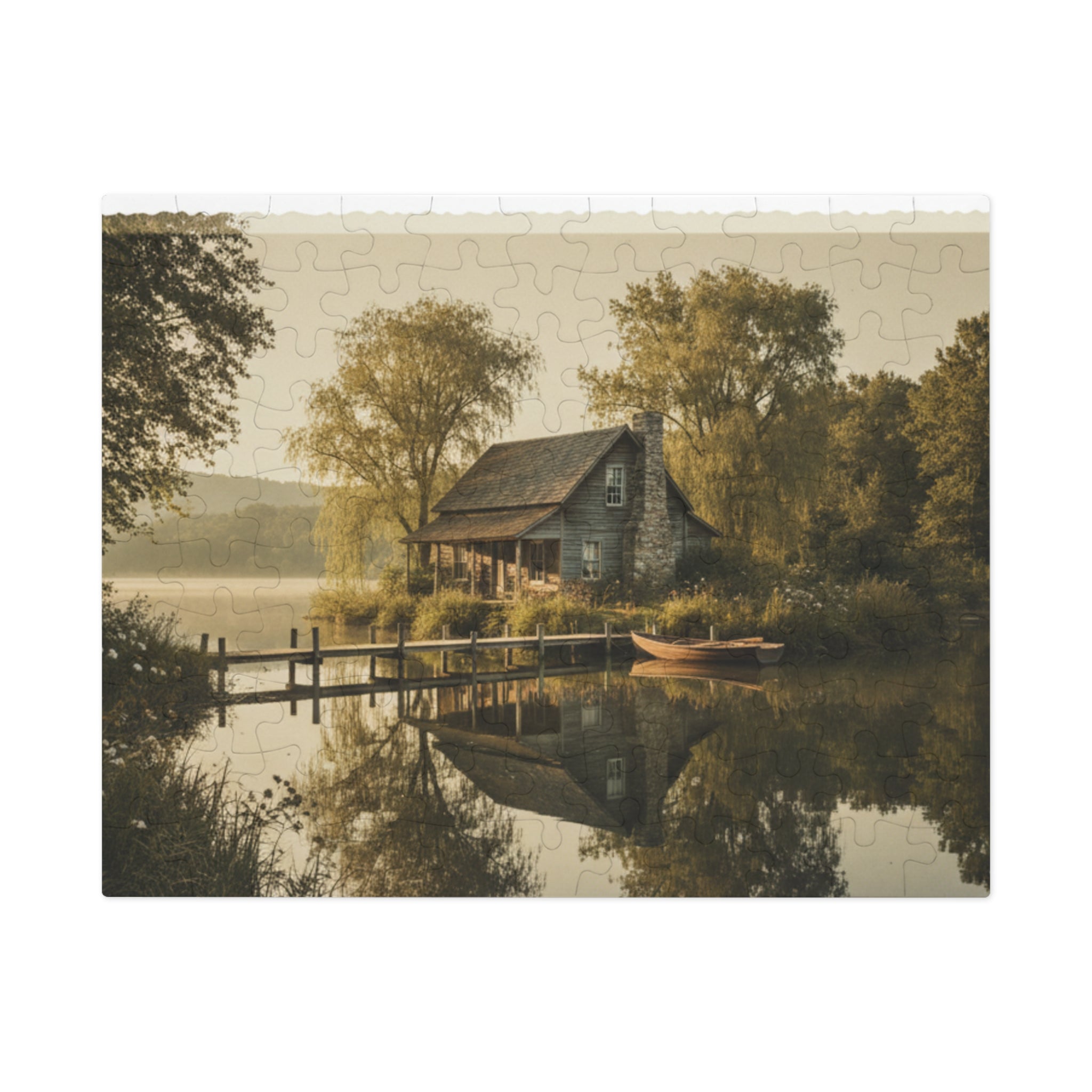 Cottage on the Lake Jigsaw Puzzle with Tin