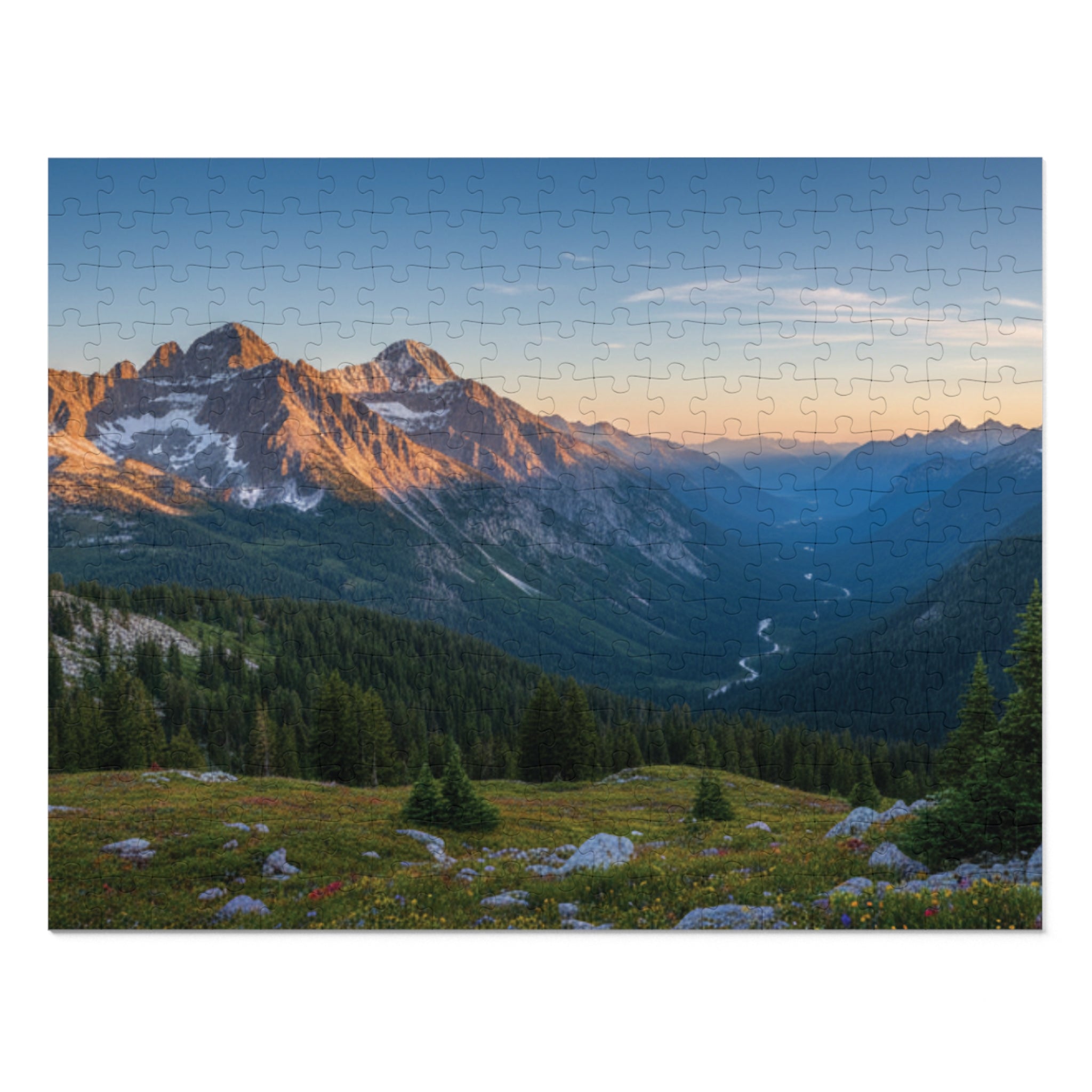 Mountain Valley Sunset Jigsaw Puzzle with Tin – Scenic Landscape Puzzle Gift