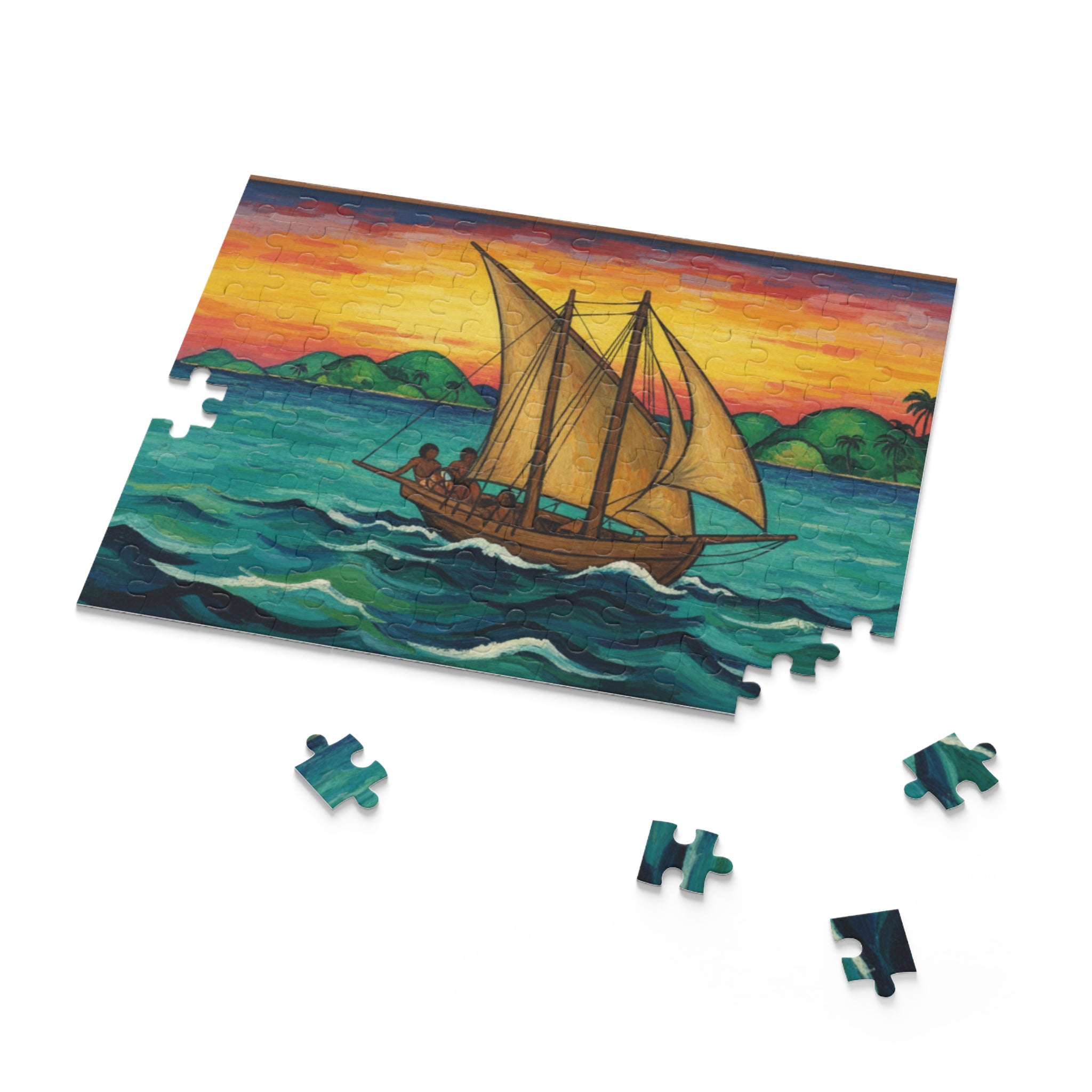 Sailboat Sunset Puzzle — Nautical Ocean Scene Jigsaw (120/252/500 pcs)