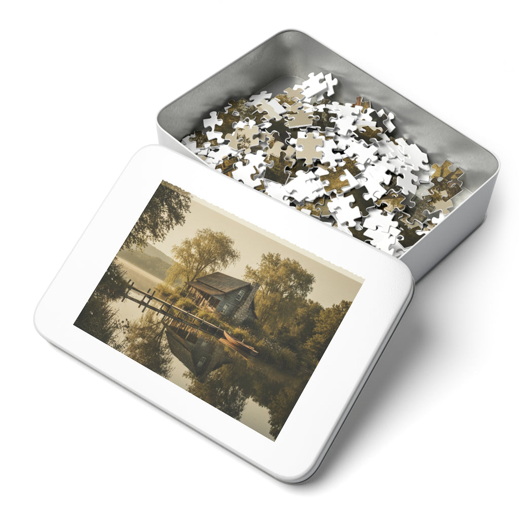 Cottage on the Lake Jigsaw Puzzle with Tin
