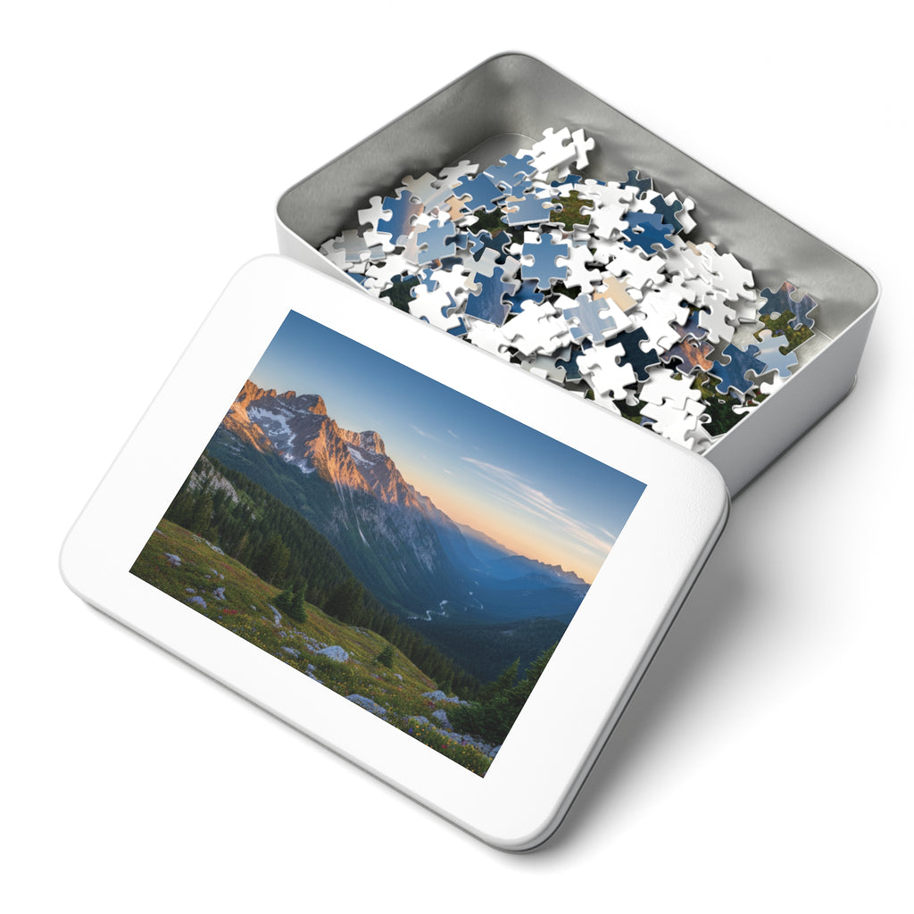 Mountain Valley Sunset Jigsaw Puzzle with Tin – Scenic Landscape Puzzle Gift
