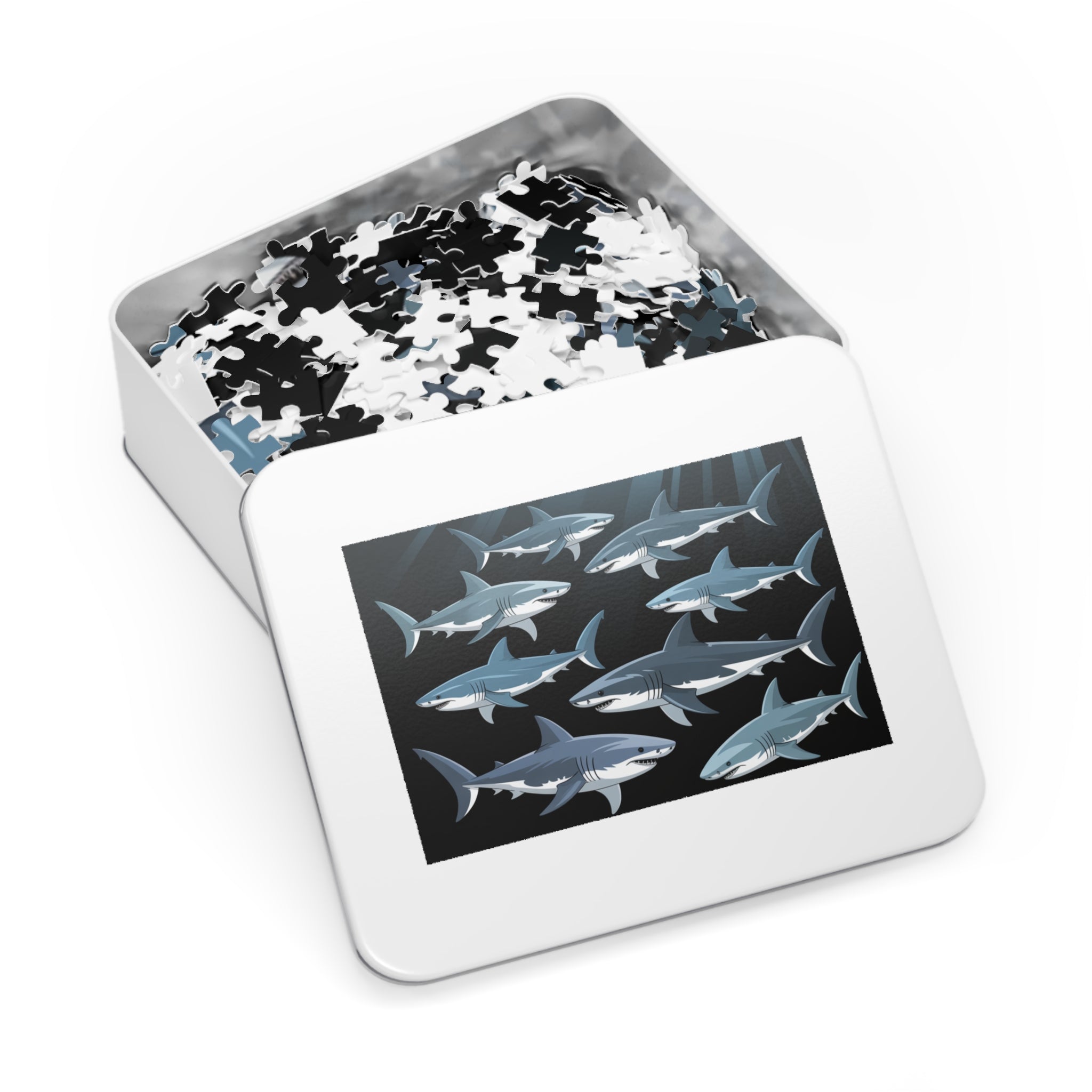 Oceanic Shark Jigsaw Puzzle with Tin, Shark Lover Gift, Family Game Night, Educational Children's Activity, Unique Home Decor