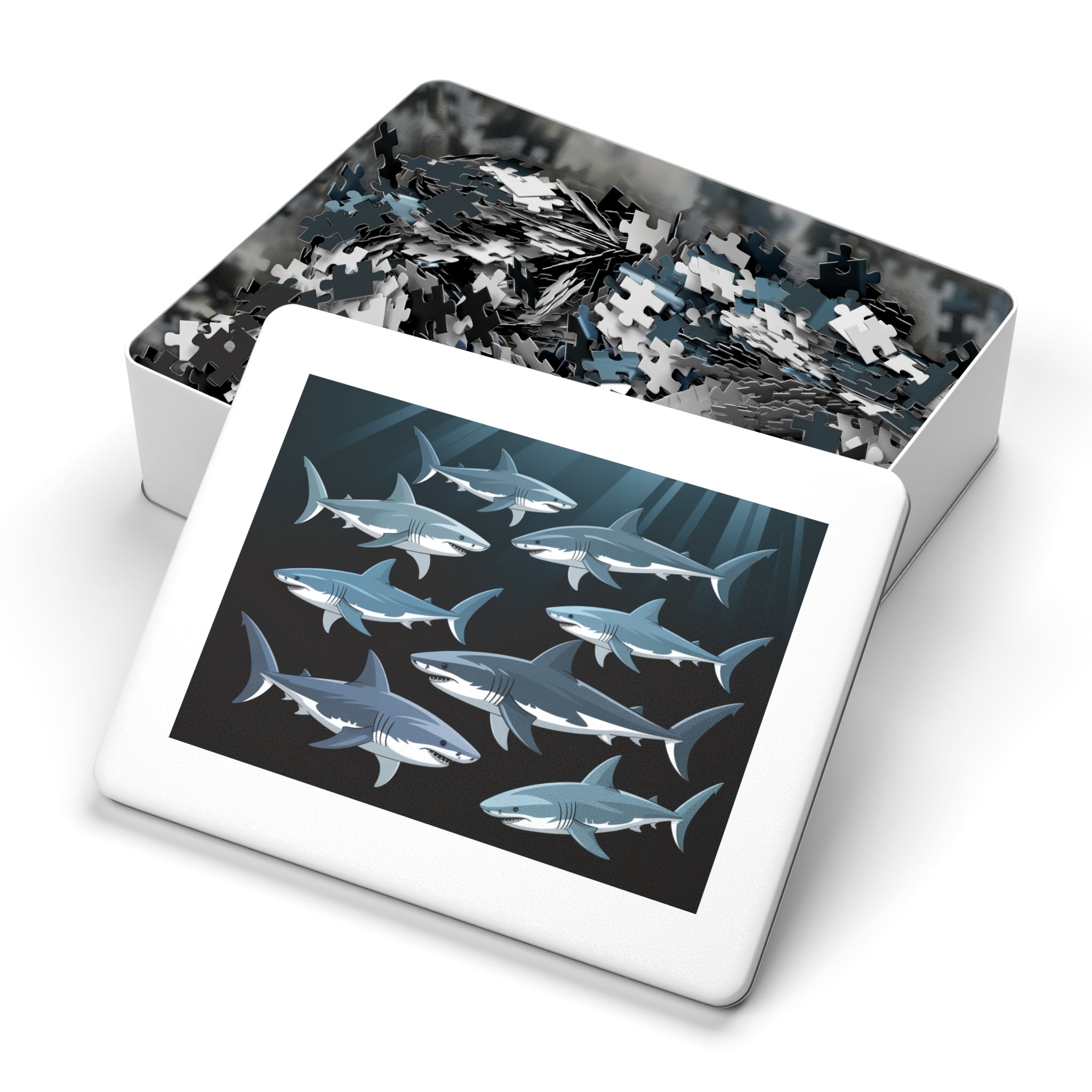 Oceanic Shark Jigsaw Puzzle with Tin, Shark Lover Gift, Family Game Night, Educational Children's Activity, Unique Home Decor