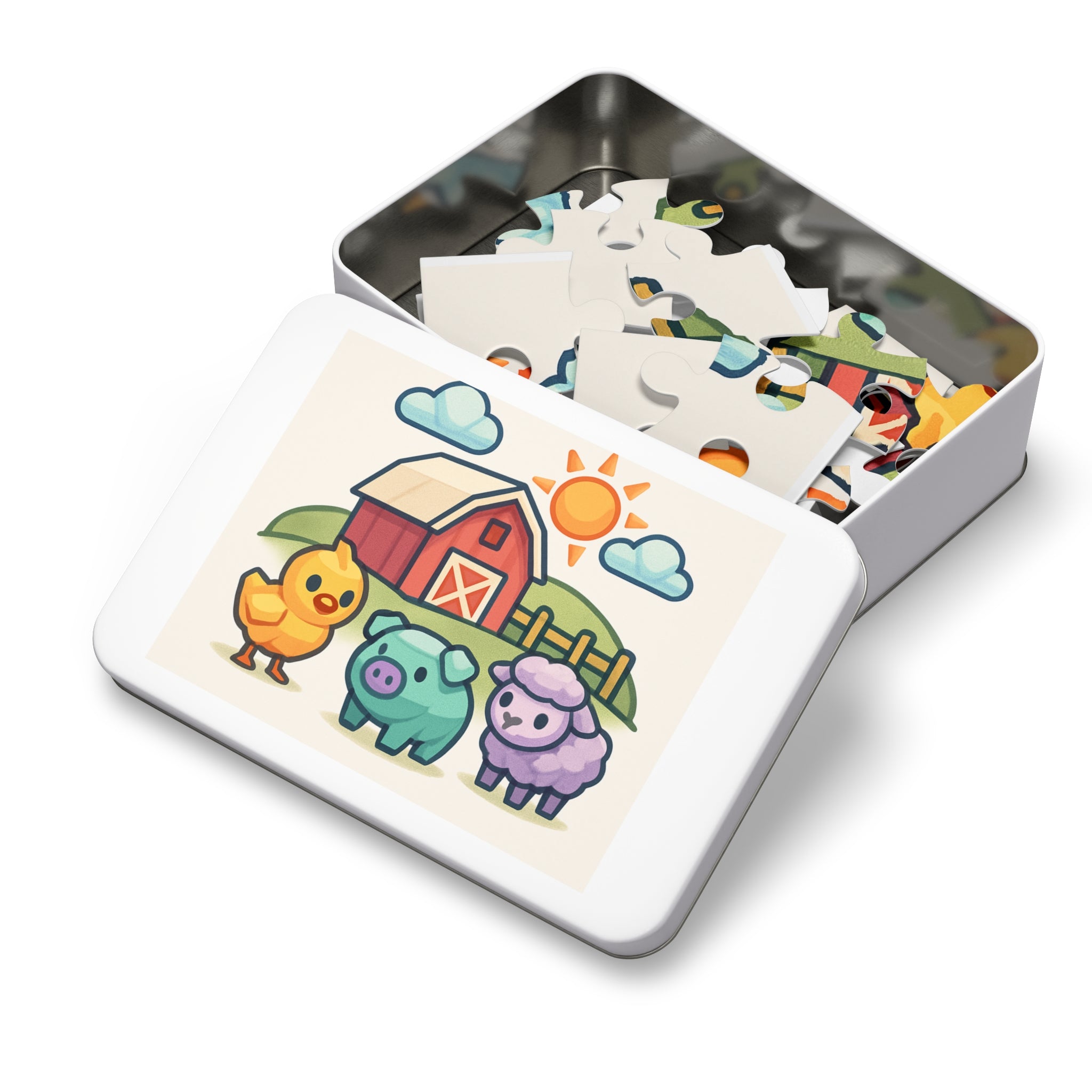 Farm Friends 200-Piece Kids Jigsaw Puzzle with Tin — Cute Barn, Chick, Pig & Lamb