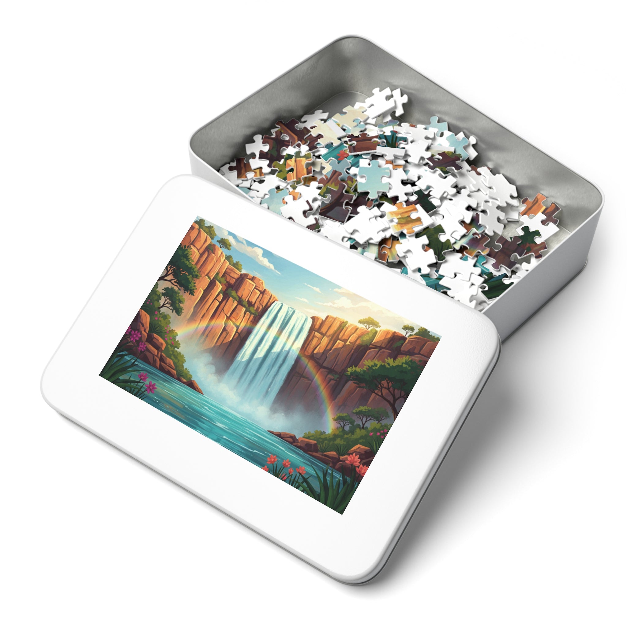 Waterfall Rainbow Jigsaw Puzzle with Tin — Scenic 500‑Piece Puzzle Gift