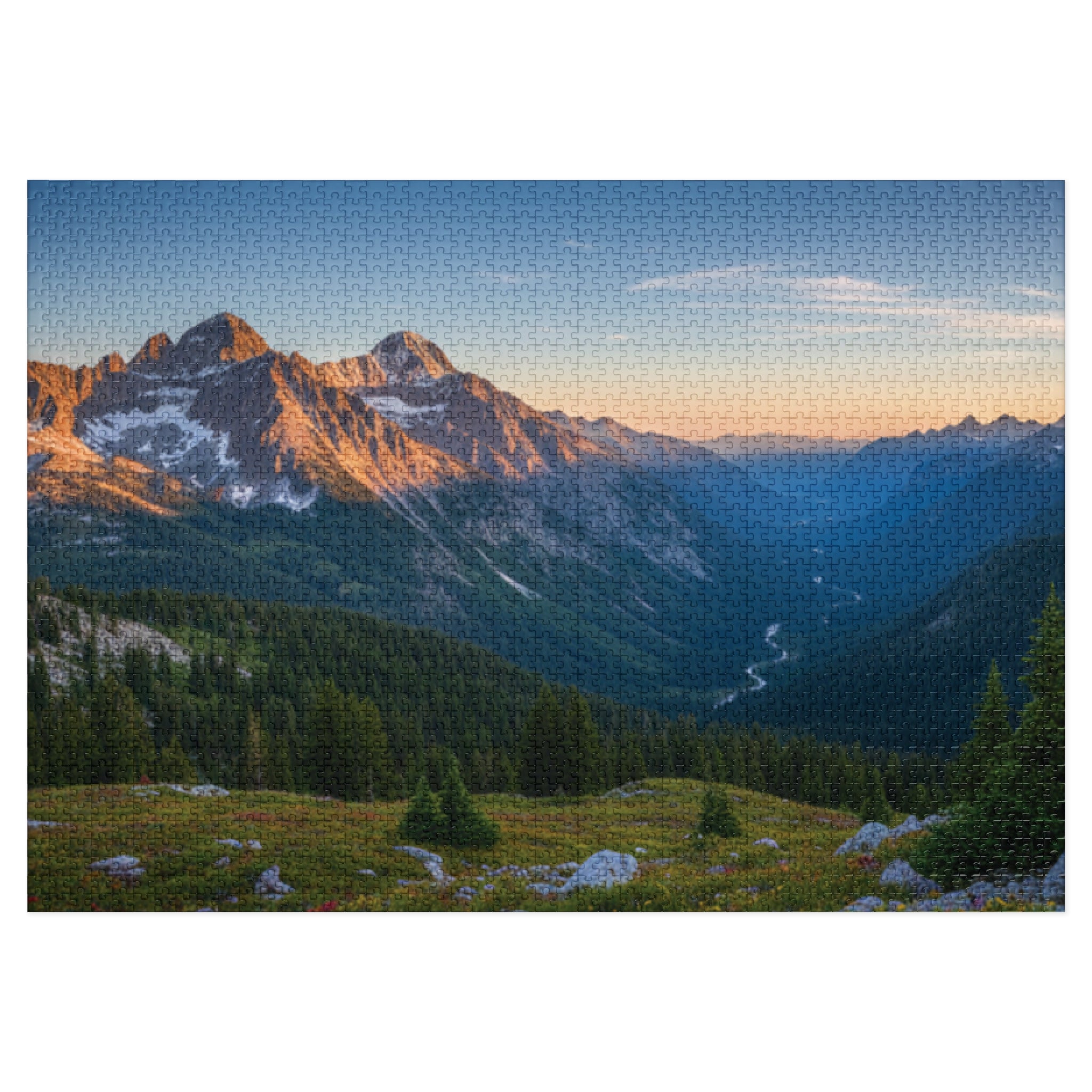 Mountain Valley Sunset Jigsaw Puzzle with Tin – Scenic Landscape Puzzle Gift