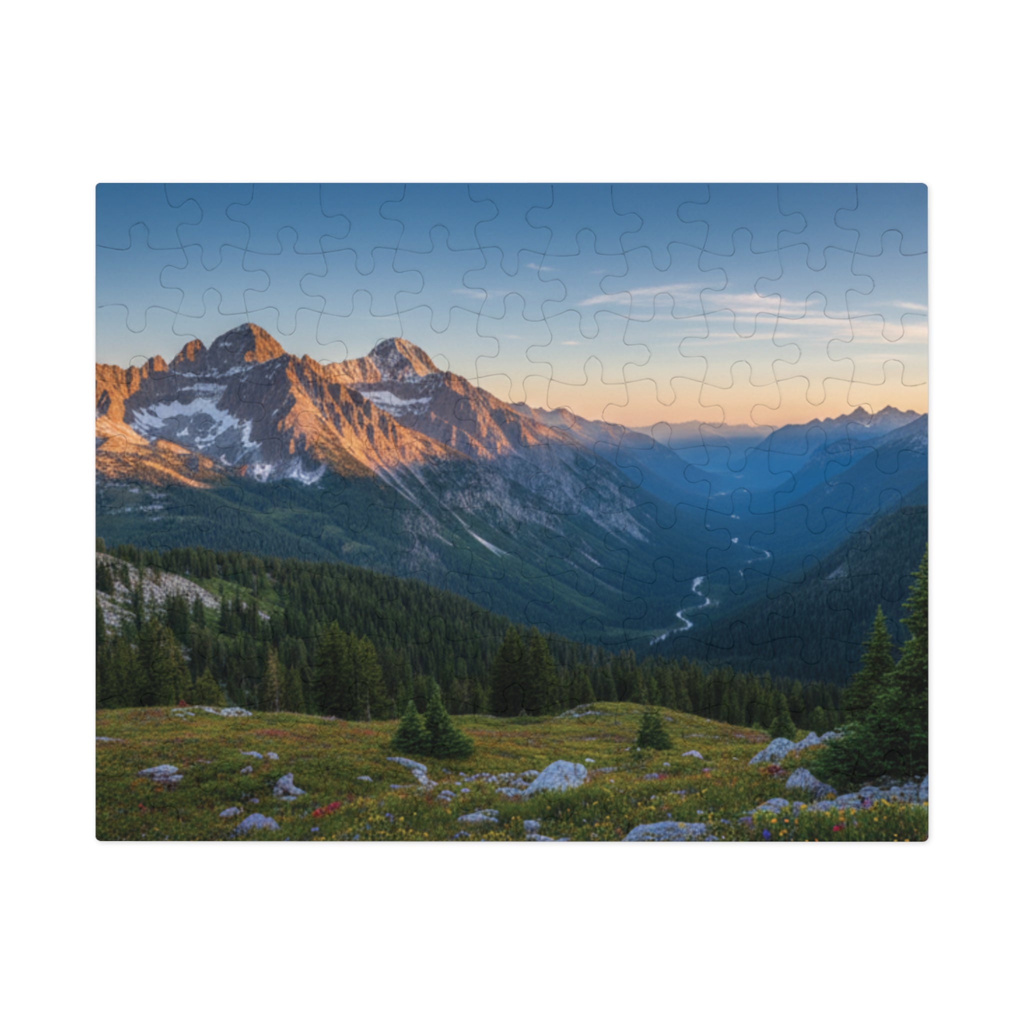 Mountain Valley Sunset Jigsaw Puzzle with Tin – Scenic Landscape Puzzle Gift