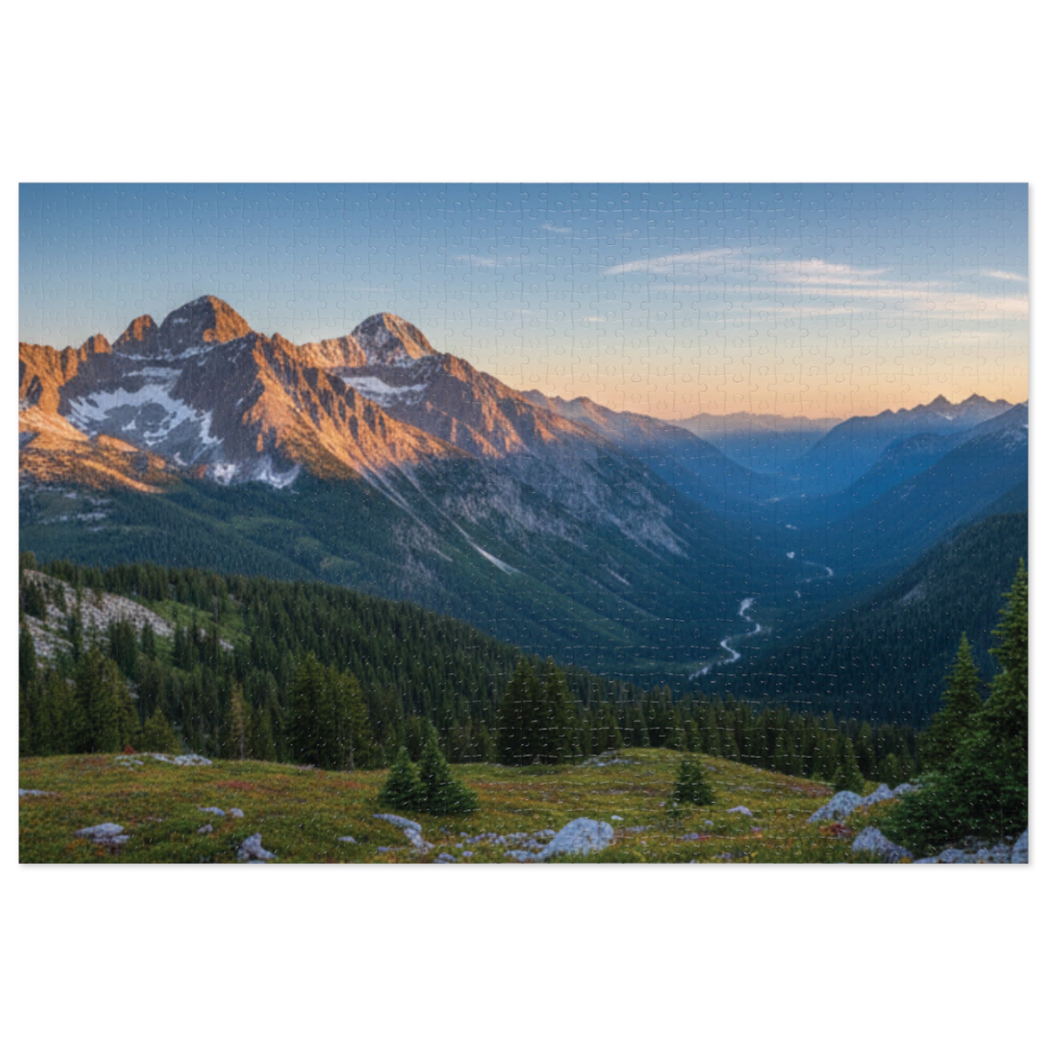 Mountain Valley Sunset Jigsaw Puzzle with Tin – Scenic Landscape Puzzle Gift