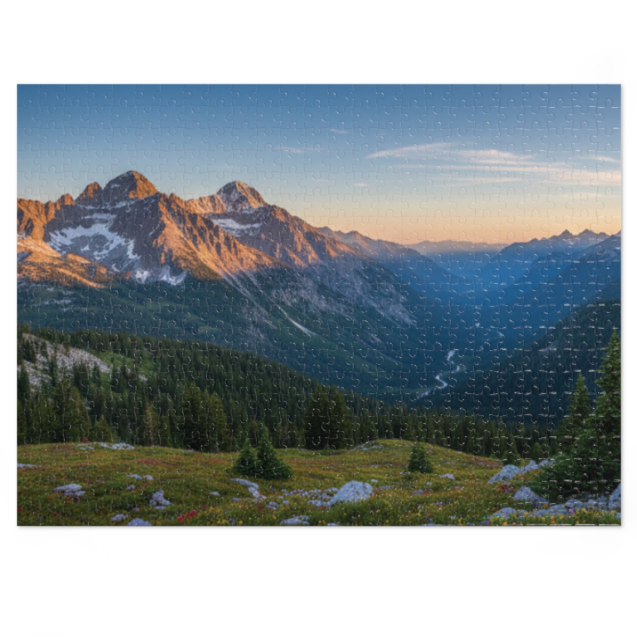 Mountain Valley Sunset Jigsaw Puzzle with Tin – Scenic Landscape Puzzle Gift