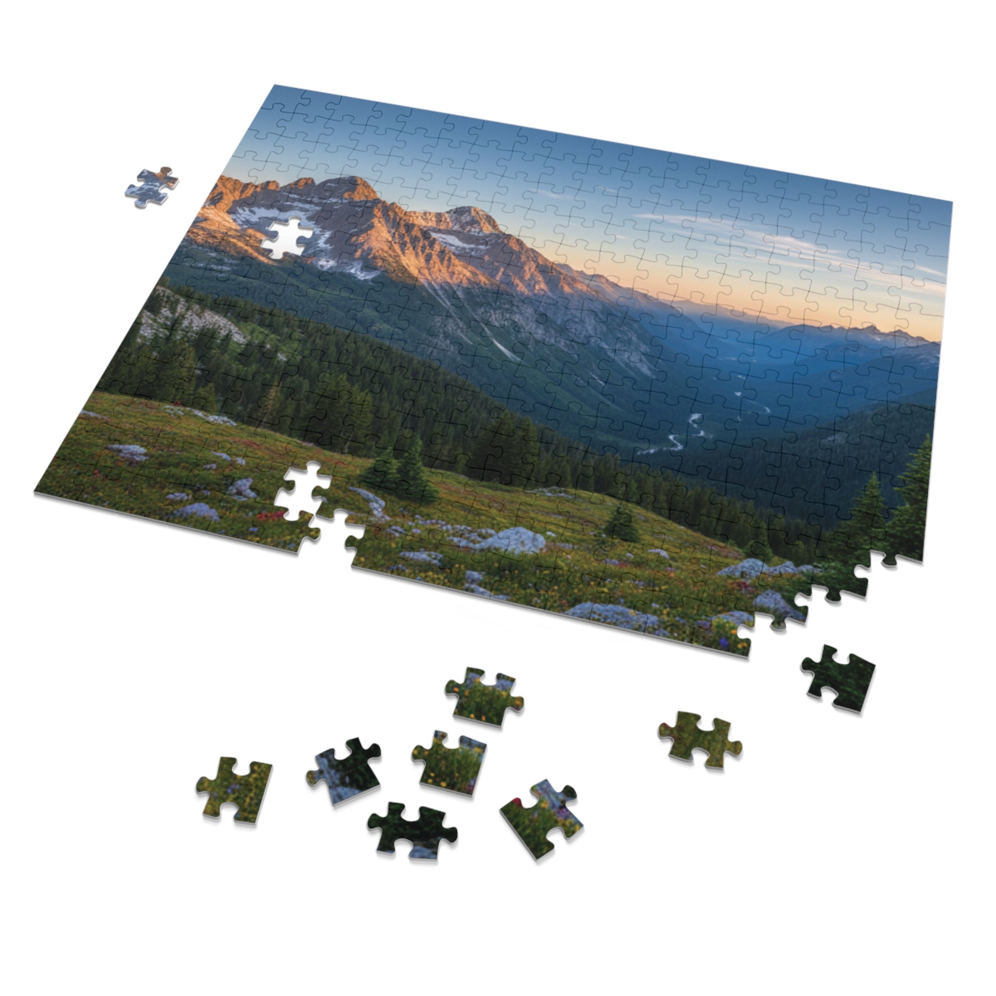 Mountain Valley Sunset Jigsaw Puzzle with Tin – Scenic Landscape Puzzle Gift