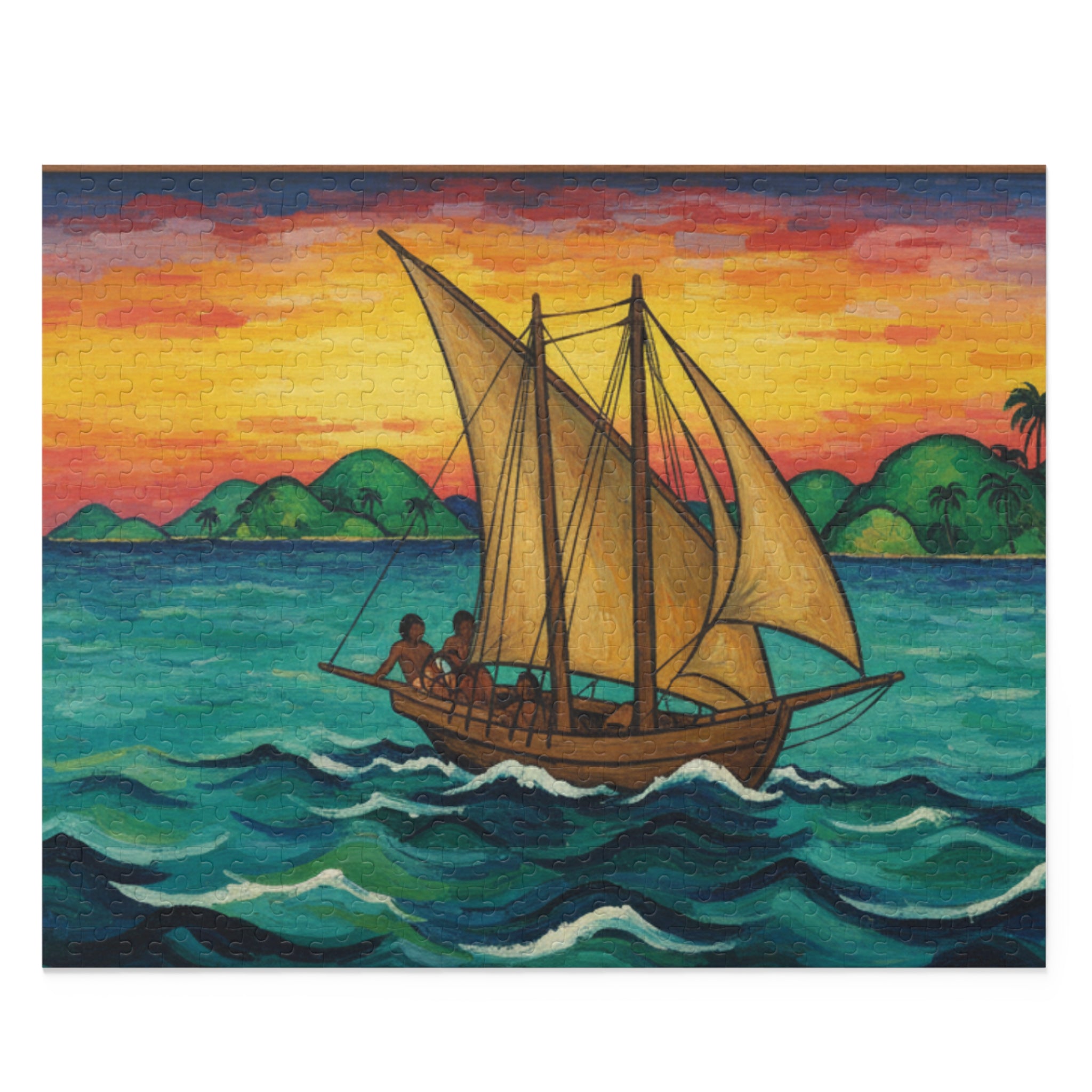 Sailboat Sunset Puzzle — Nautical Ocean Scene Jigsaw (120/252/500 pcs)
