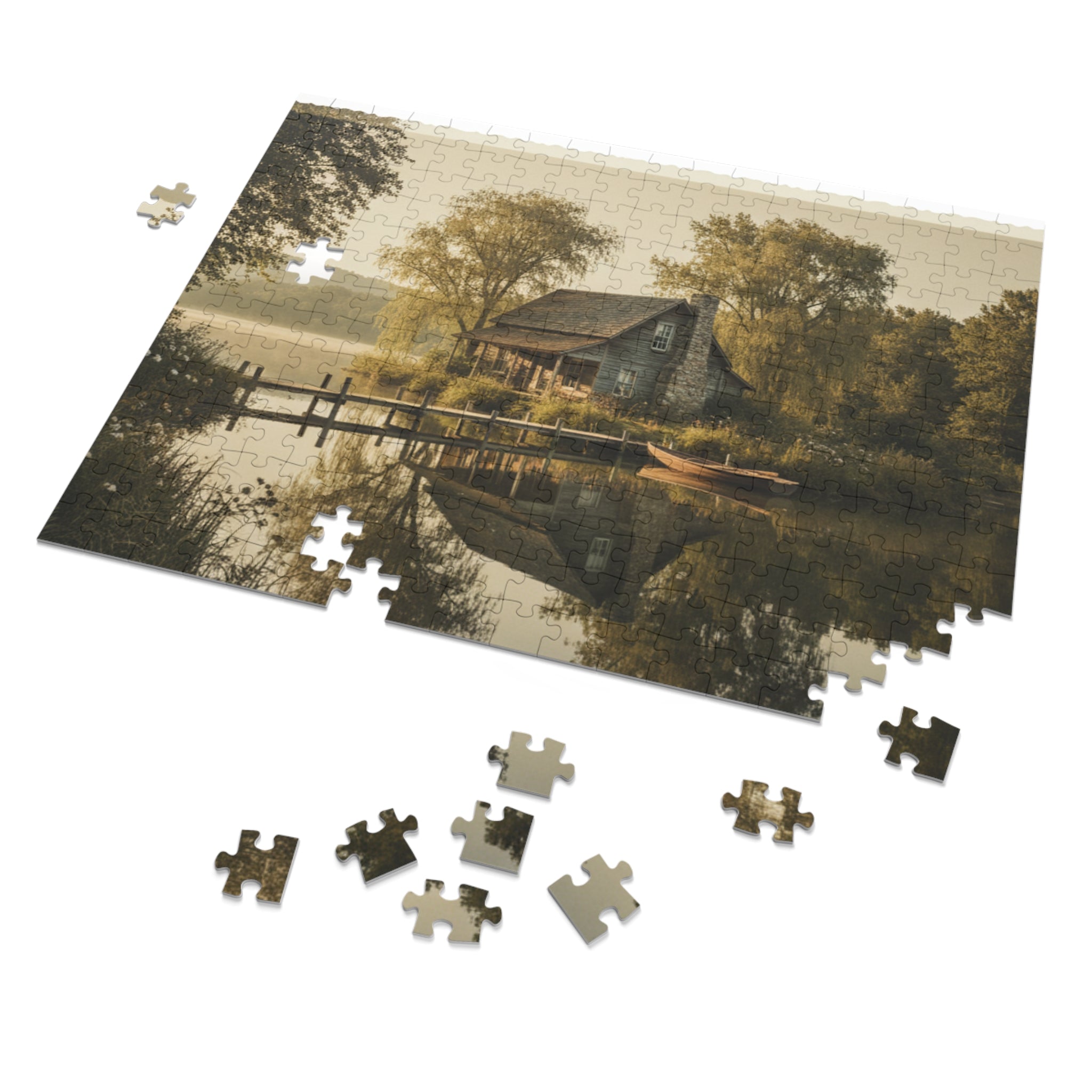 Cottage on the Lake Jigsaw Puzzle with Tin