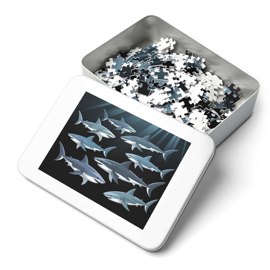 Oceanic Shark Jigsaw Puzzle with Tin, Shark Lover Gift, Family Game Night, Educational Children's Activity, Unique Home Decor