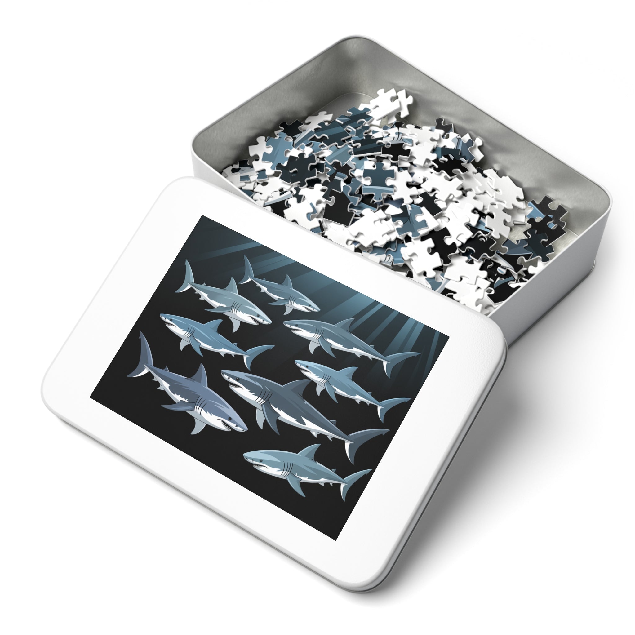 Oceanic Shark Jigsaw Puzzle with Tin, Shark Lover Gift, Family Game Night, Educational Children's Activity, Unique Home Decor
