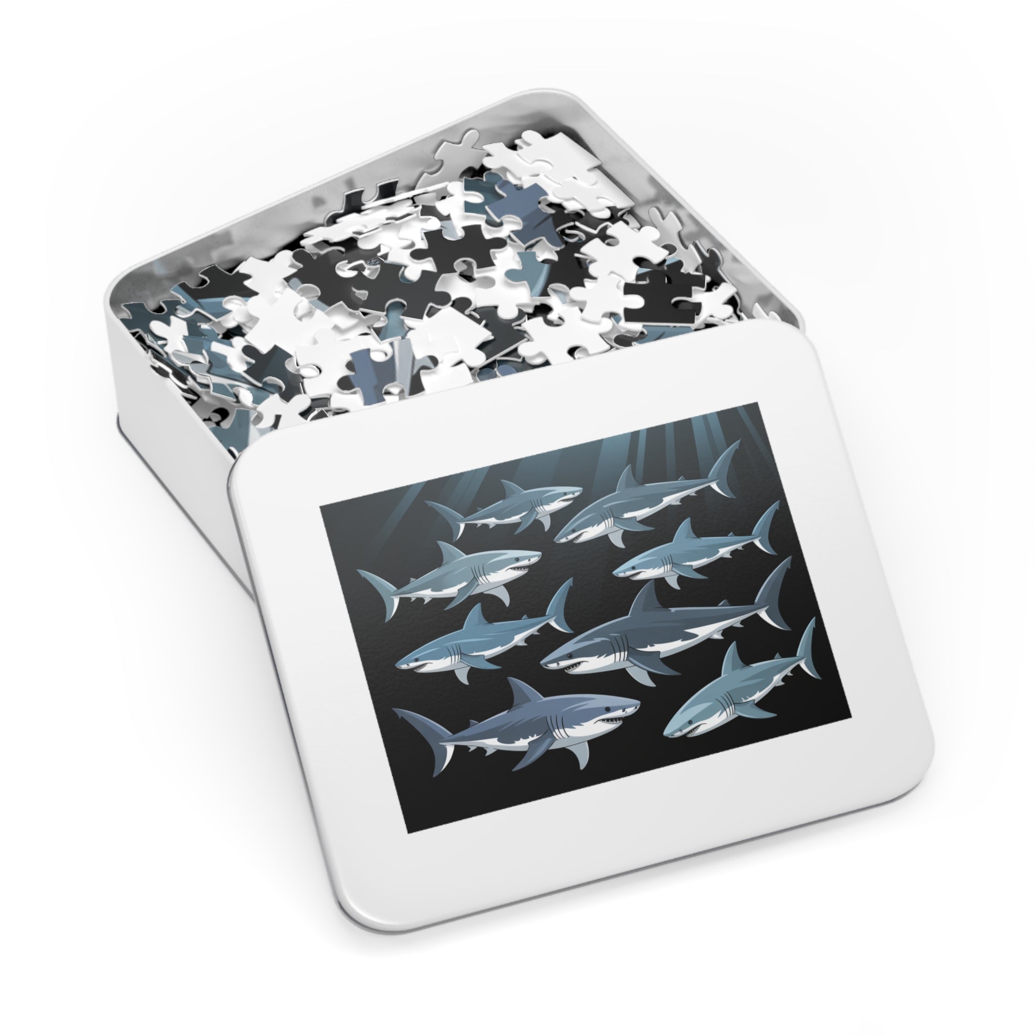 Oceanic Shark Jigsaw Puzzle with Tin, Shark Lover Gift, Family Game Night, Educational Children's Activity, Unique Home Decor